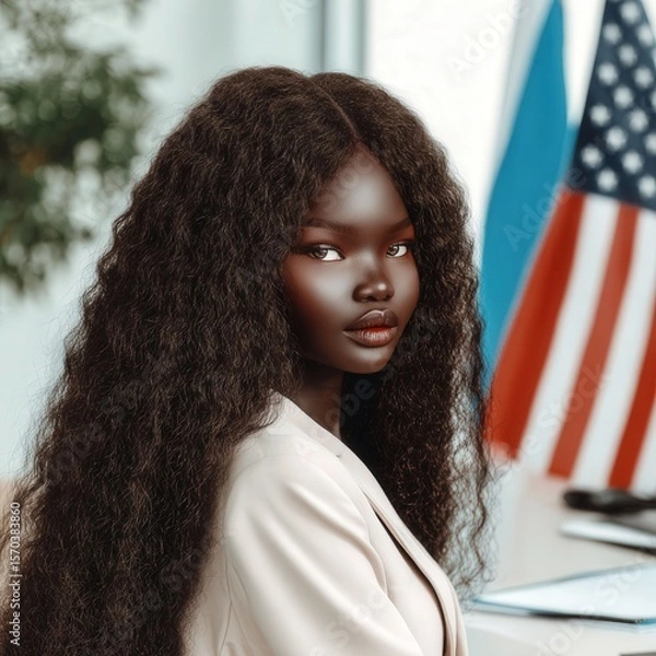 Obraz Confident Black entrepreneur meets the camera in a stylish office, US flag draped behind, her steady gaze radiates leadership and ambition.