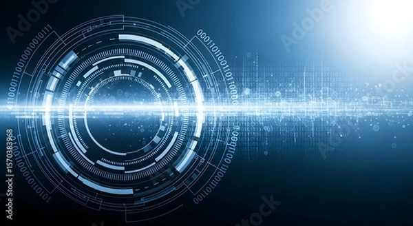 Fototapeta Abstract Tech Background: Circular Patterns and Dynamic Light Energy Modern Sci-Fi Backdrop: Abstract Blue Circuitry with Streak of Light