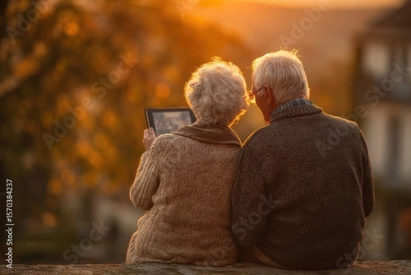 Fototapeta Elderly couple enjoys sunset view, looking at a tablet together