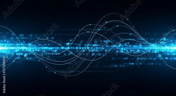 Fototapeta Abstract Digital Wave Pattern with Bright Blue Squares and White Lines Background wallpaper  Futuristic Data Flow Visualization Against a Dark Blue Background 