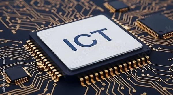 Fototapeta Advanced Microchip Technology: Close-Up of 'ICT' Branded Chip on Gold Circuit Board 