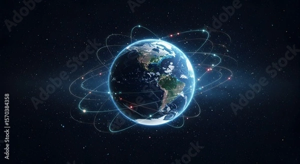Fototapeta Tech-Inspired Planet Earth with Data Links in Cosmic Background Futuristic Earth with Glowing Orbital Network in Starry Space 