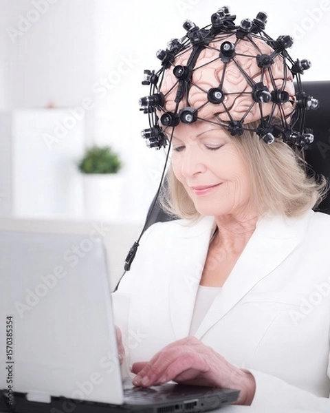 Obraz Young adult works on a laptop wearing a sleek noninvasive brain computer interface headset in a minimalist office, calm focus on device and face.