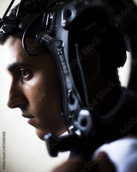 Obraz Young adult works on a laptop wearing a sleek noninvasive brain computer interface headset in a minimalist office, calm focus on device and face.