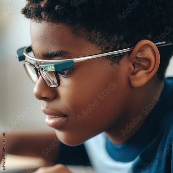 Obraz Young adult works on a laptop wearing a sleek noninvasive brain computer interface headset in a minimalist office, calm focus on device and face.