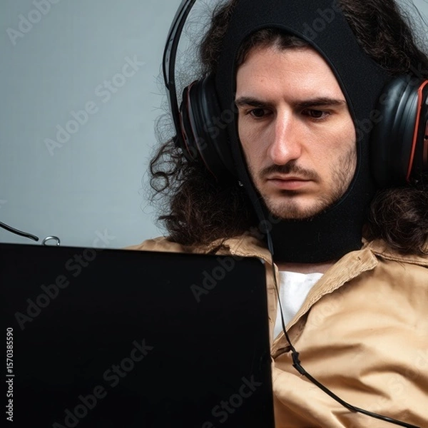 Obraz Young adult works on a laptop wearing a sleek noninvasive brain computer interface headset in a minimalist office, calm focus on device and face.