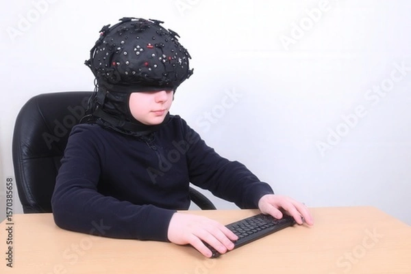 Obraz Young adult works on a laptop wearing a sleek noninvasive brain computer interface headset in a minimalist office, calm focus on device and face.
