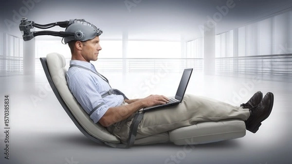 Obraz Young adult works on a laptop wearing a sleek noninvasive brain computer interface headset in a minimalist office, calm focus on device and face.