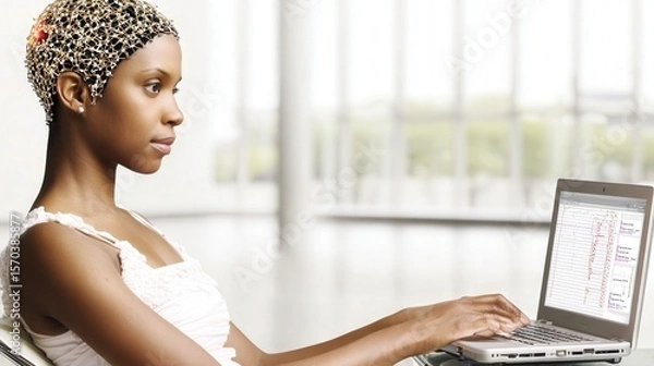Obraz Young adult works on a laptop wearing a sleek noninvasive brain computer interface headset in a minimalist office, calm focus on device and face.