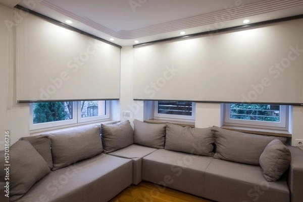 Obraz Bright modern living room featuring wireless solar charging windows and integrated eco friendly LED lighting, calm neutral palette.