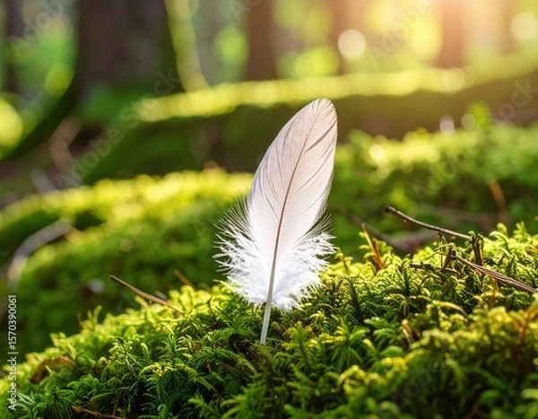 Fototapeta Soft White Feather On Mossy Forest Floor