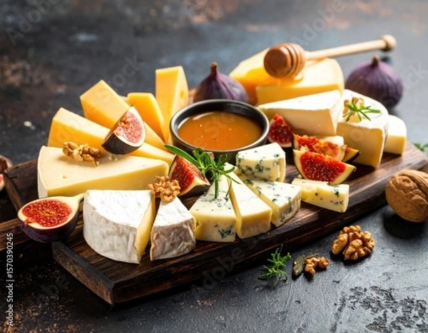 Fototapeta Assorted Cheese Selection With Figs Honey And Walnuts