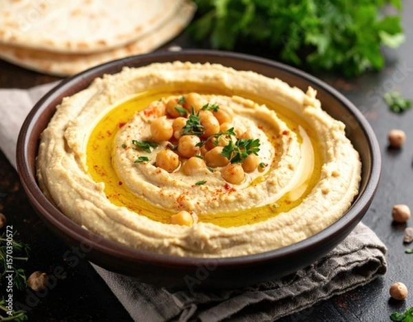 Fototapeta Hummus In Bowl With Toppings