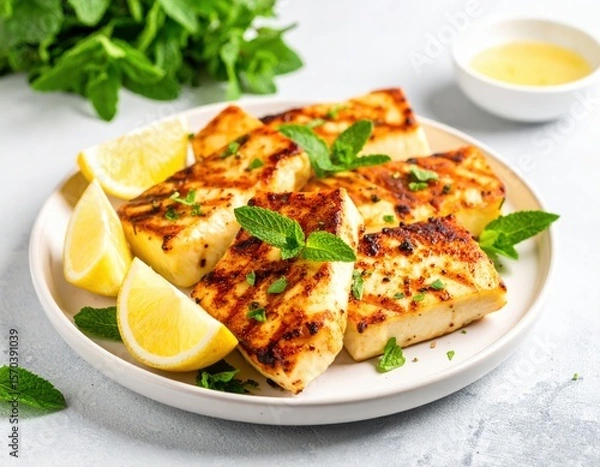Fototapeta Grilled Cheese Cubes With Lemon And Mint