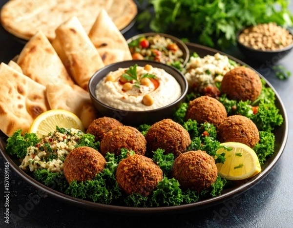 Fototapeta Assortment Of Falafel With Hummus And Pita Bread