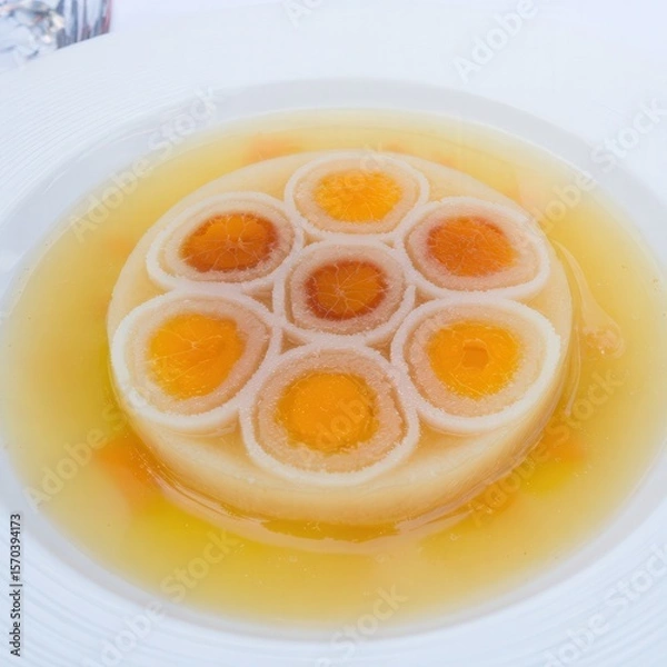 Obraz Macro shot of an artistic dish styled to resemble bacteria or virus cells, plated with fine-dining elegance on a minimalist table in soft lighting.