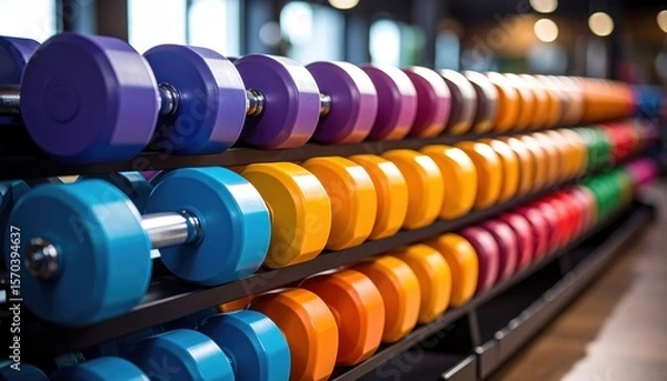 Fototapeta Colorful Dumbbells On Gym Racks