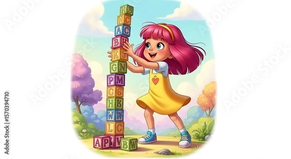 Fototapeta Joyful Girl Building Colorful Alphabet Blocks in a Sunny Park Illustration
