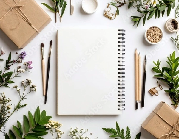 Fototapeta Blank Notebook With Craft Supplies And Flowers