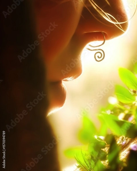 Obraz Close-up of a woman meditating with closed eyes, wearing a sleek neural interface at home, soft natural light and greenery in the background.