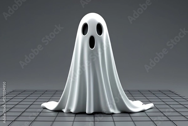 Obraz 3D Minimal Ghost Figure on Grid Surface – Glossy White Halloween Spirit Design