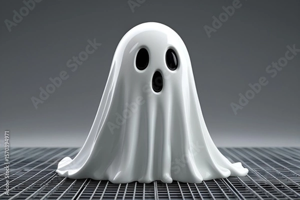 Obraz 3D Minimal Ghost Figure on Grid Surface – Glossy White Halloween Spirit Design
