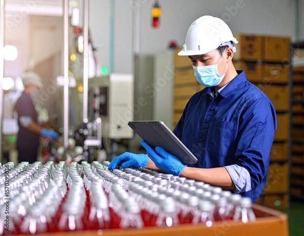 Fototapeta Factory worker inspecting bottles