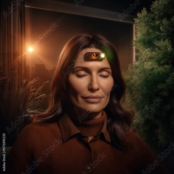 Obraz Close-up of a woman meditating with closed eyes, wearing a sleek neural interface at home, soft natural light and greenery in the background.