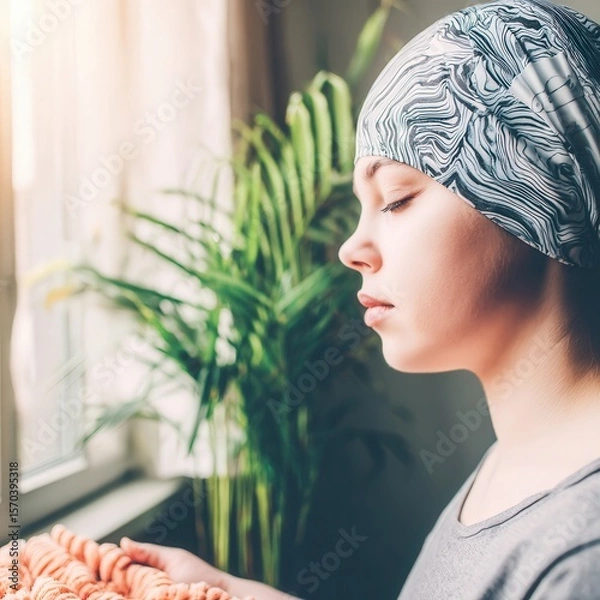 Obraz Close-up of a woman meditating with closed eyes, wearing a sleek neural interface at home, soft natural light and greenery in the background.