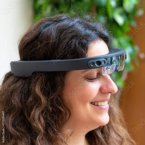 Obraz Close-up of a woman meditating with closed eyes, wearing a sleek neural interface at home, soft natural light and greenery in the background.