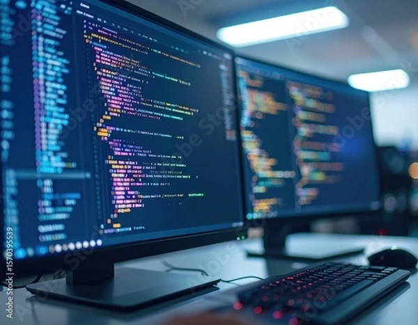 Fototapeta Two Computer Screens Displaying Colorful Code