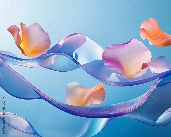 Fototapeta Elegant Petals Floating on Abstract Waves of Colorful Liquid