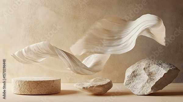 Fototapeta Ethereal Flow of Fabric and Natural Stones in Minimalist Setting