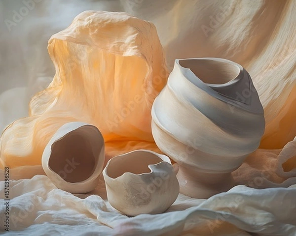 Fototapeta Elegant Ceramic Vases Arranged on Soft Textured Background