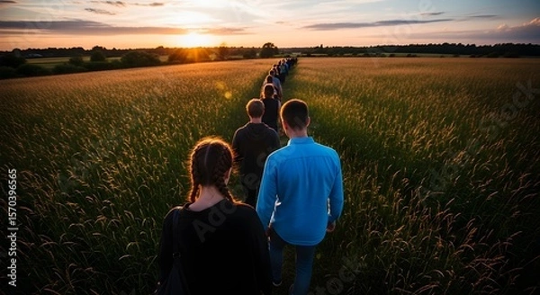 Fototapeta Sunset Walk: A Group of Friends Strolling Through a Golden Field