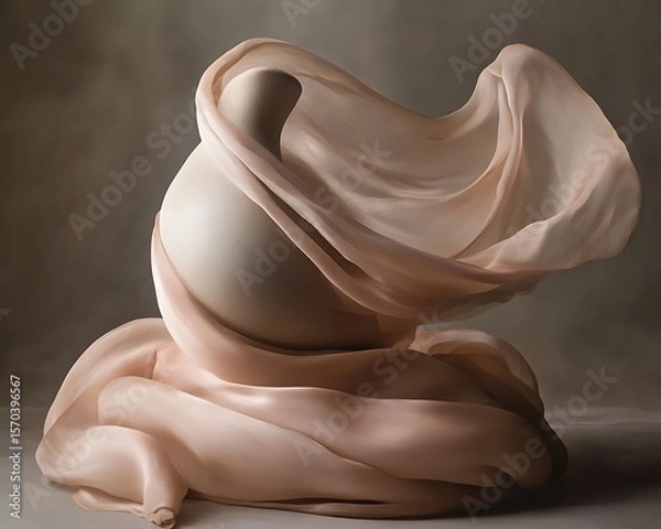Fototapeta Elegant ceramic vase draped with soft flowing fabric in neutral tones