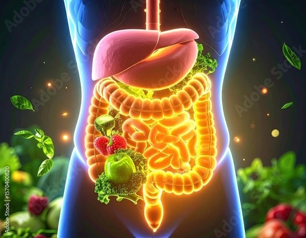 Fototapeta Human digestive system with fruits and vegetables