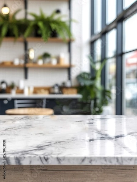 Fototapeta Empty marble surface blur cafe interior with shelves background for montage