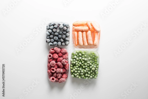 Fototapeta Frozen Mixed Vegetables and Berries – Peas, Carrots, Blueberries, Raspberries, Celery