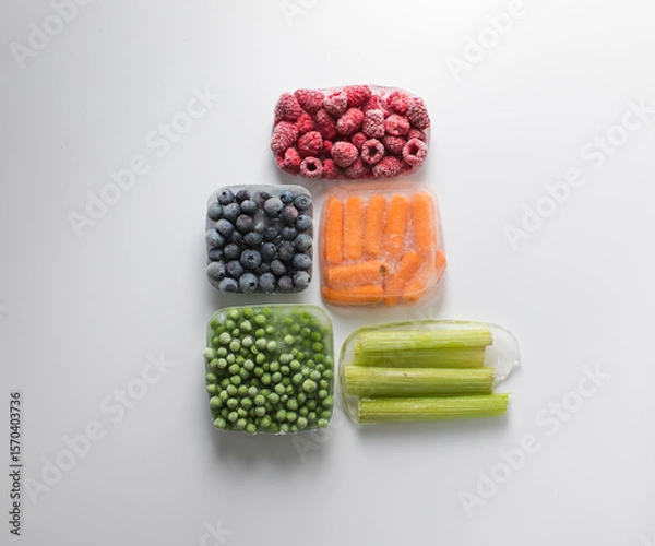 Fototapeta Frozen Mixed Vegetables and Berries – Peas, Carrots, Blueberries, Raspberries, Celery, Tomatoes