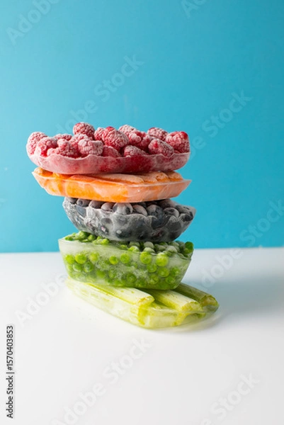 Fototapeta Frozen Mixed Vegetables and Berries – Peas, Carrots, Blueberries, Raspberries, Celery, Tomatoes