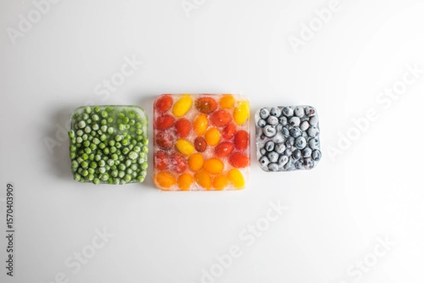 Fototapeta Frozen Mixed Vegetables and Berries – Peas, Carrots, Blueberries, Raspberries, Celery, Tomatoes