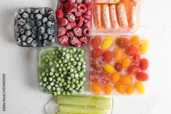 Fototapeta Frozen Mixed Vegetables and Berries – Peas, Carrots, Blueberries, Raspberries, Celery, Tomatoes
