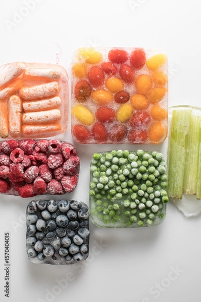 Fototapeta Frozen Mixed Vegetables and Berries – Peas, Carrots, Blueberries, Raspberries, Celery, Tomatoes