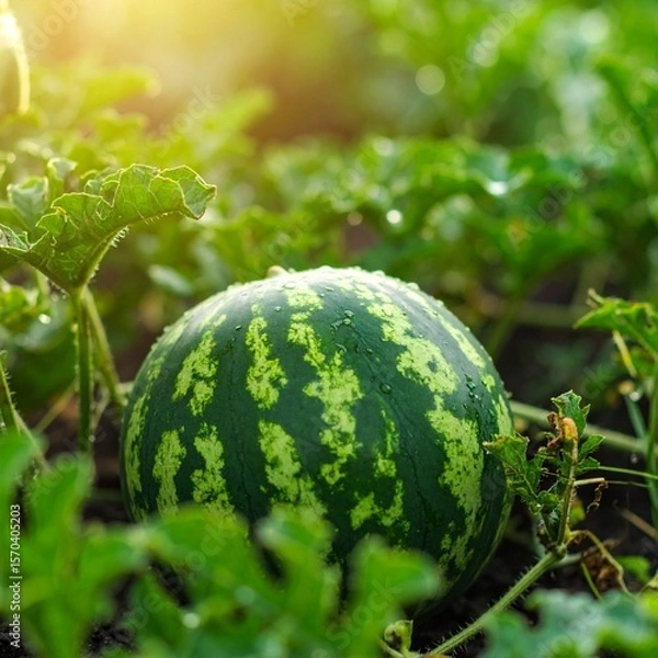 Fototapeta Ripe watermelons growing in a field on a sunny day with warm, golden light illuminating the farm.