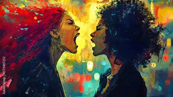 Fototapeta Dynamic confrontation between two women, showcasing fierce expressions and vibrant colors.