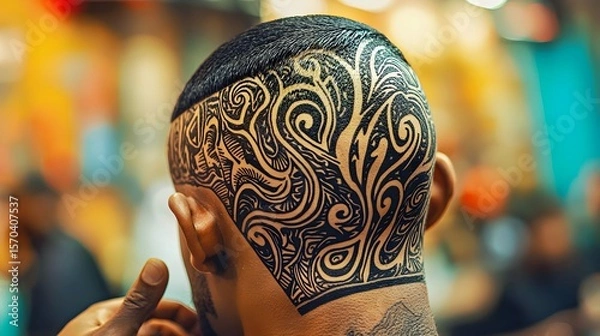 Fototapeta Close-up of a male with intricate tattoo designs on a shaved head.