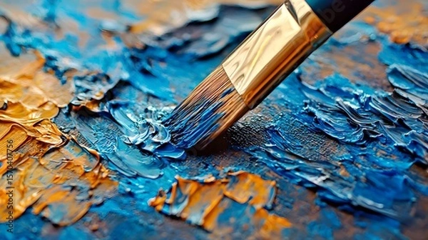 Fototapeta Close-up of a paintbrush mixing vibrant blue and orange oil paints on a canvas.