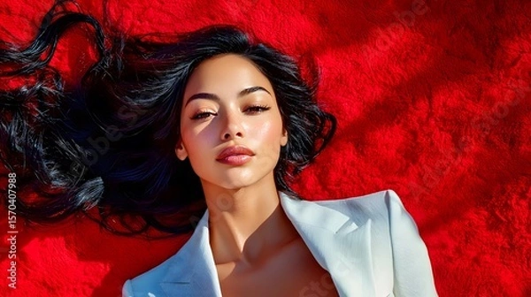 Fototapeta Young Asian woman with long hair in a white blazer, lying on vibrant red fabric.