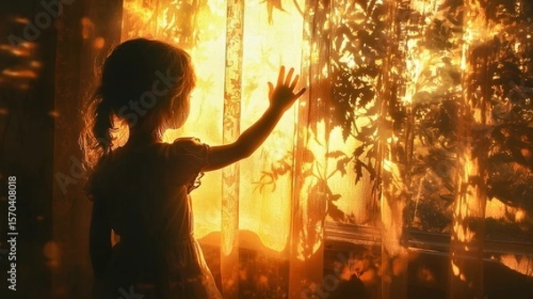 Fototapeta A young girl gazes out the window, illuminated by warm golden sunlight.